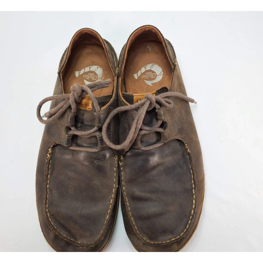 Olukai Ohana Lace Up Nubuck Mens 11 Brown Leather Casual Shoes Loafers Heel Drop